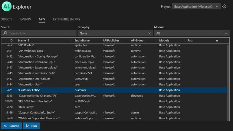 AL Explorer - Overview of all API pages in the selected app scope