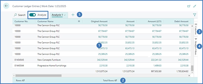 Analyze data in list pages and queries using data analysis mode - Business  Central