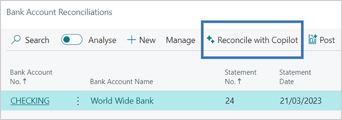 The bank reconciliation function with Copilot is a new action powered by artificial intelligence