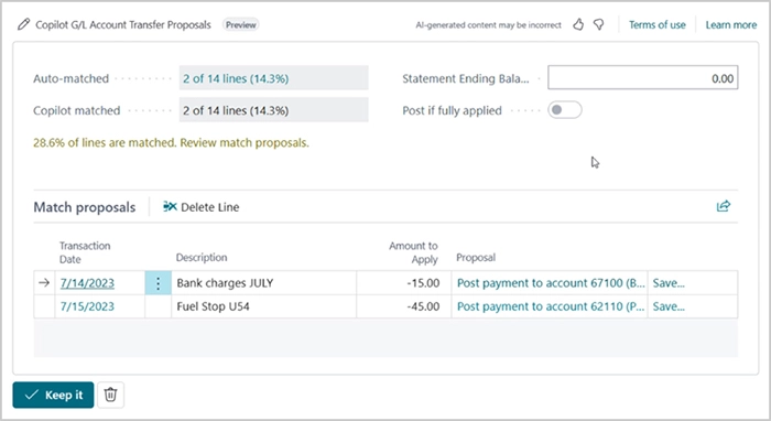 Copilot helps by suggesting appropriate ledger accounts to post remaining transactions