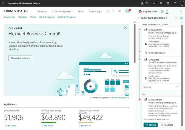 Task timeline for the sales order agent in Business Central